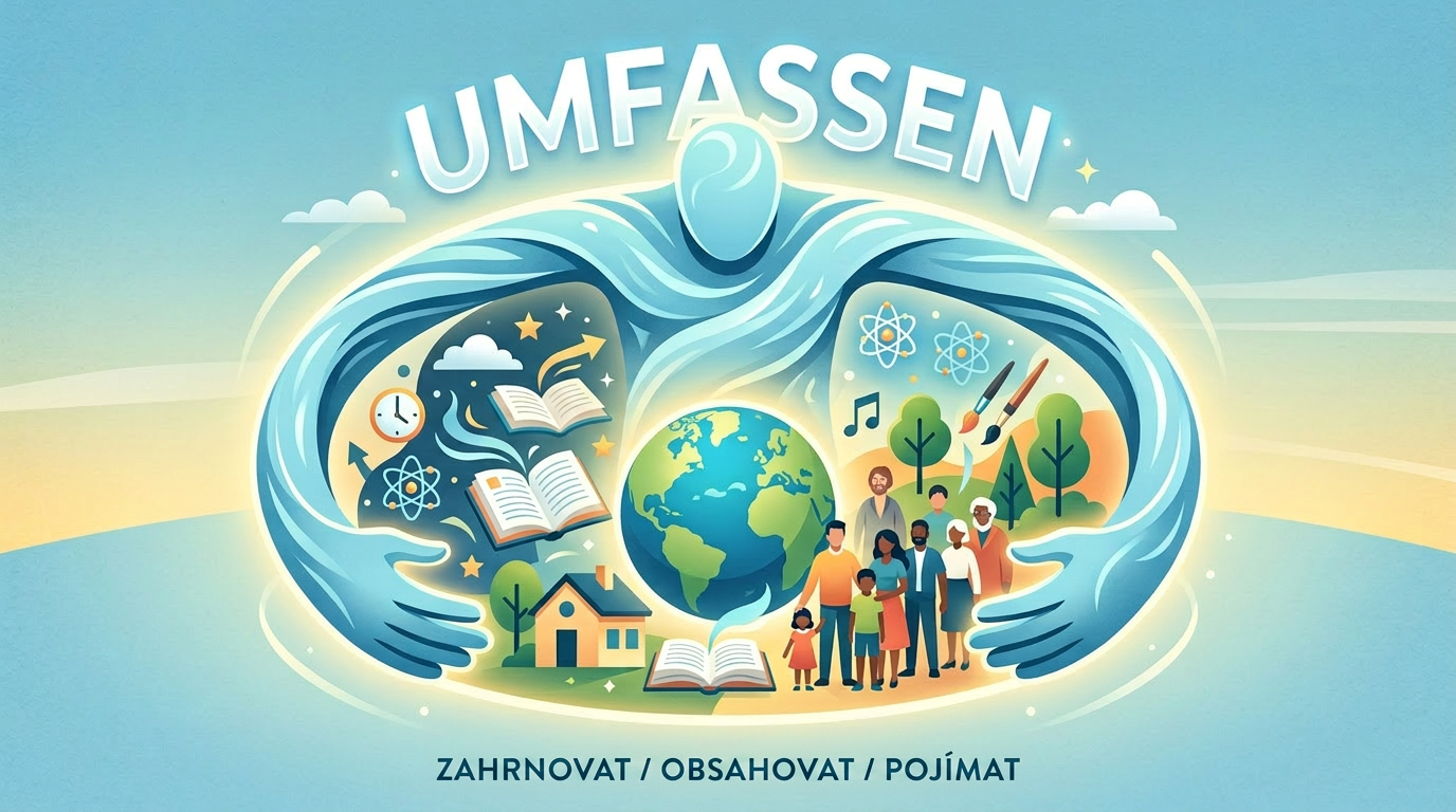 Abstract figure with open arms surrounding globe, books, people, nature, and science icons
