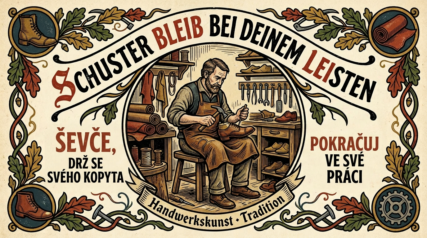 Illustration of a cobbler repairing shoes surrounded by tools and German and English text about craftsmanship and tradition