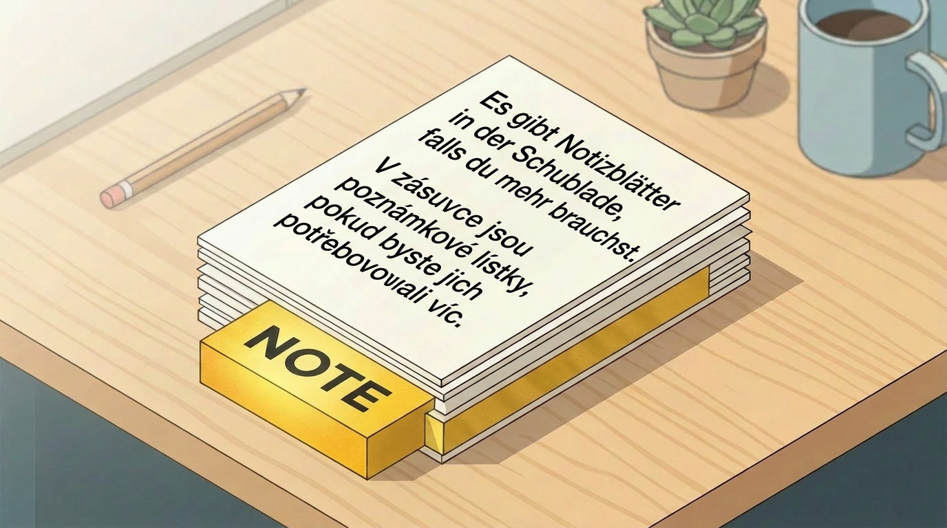 Stack of blank note cards with a yellow label reading NOTE on a wooden desk