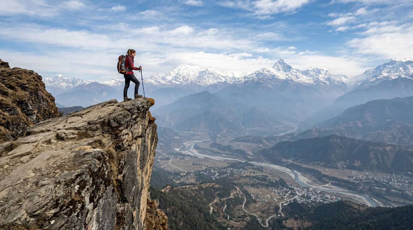 Hiker standing on cliff edge with trekking poles overlooking snow-capped Himalayan mountains and winding river valley