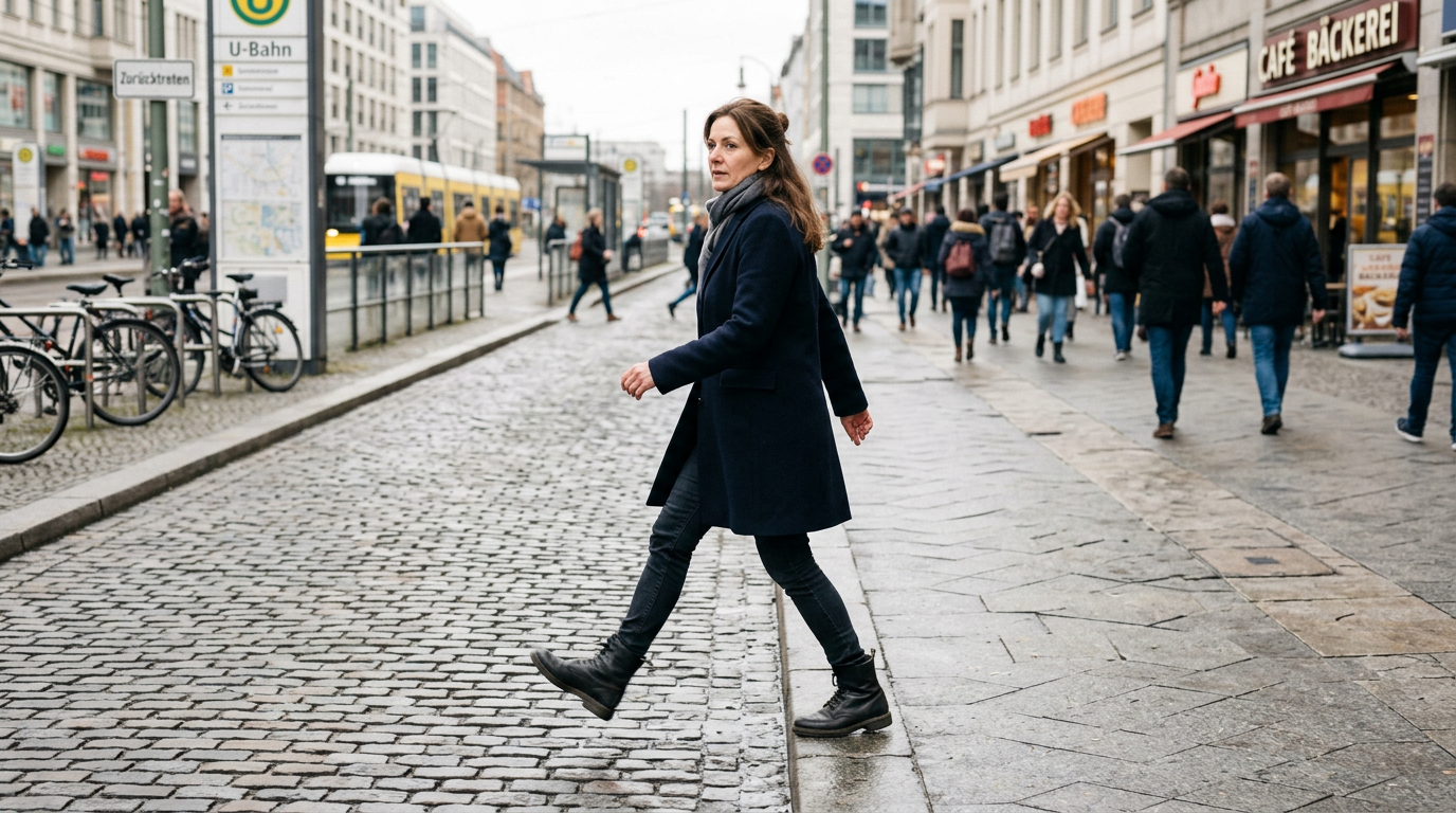 Woman in dark coat and boots walking across cobblestone street in urban area