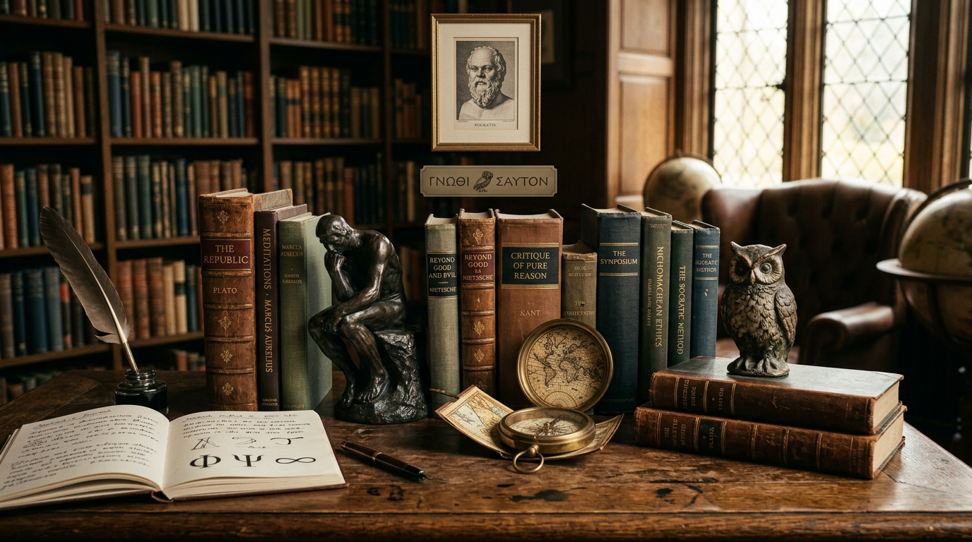 Wooden desk with classical philosophy books, a sculpture of The Thinker, a bronze owl, old maps, quill, and ink in a vintage library.