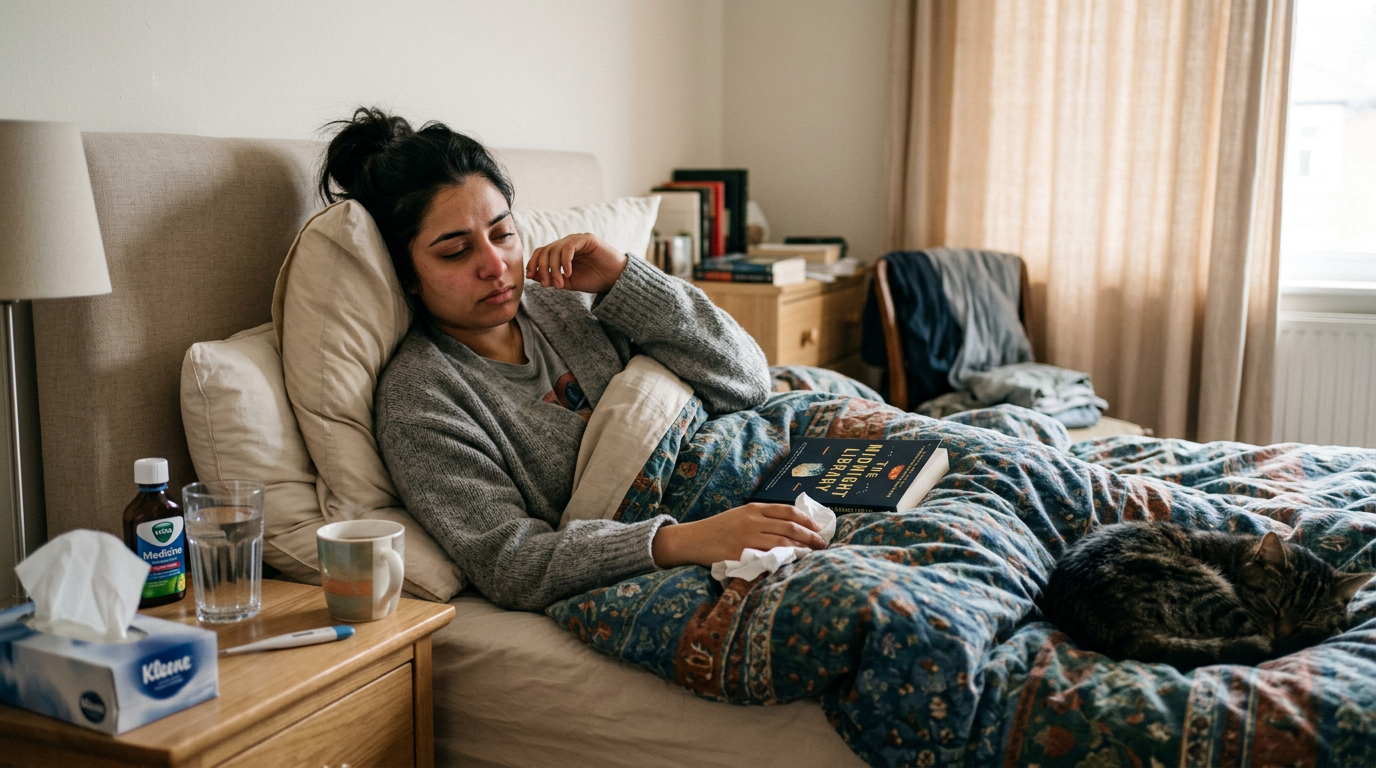 Woman lying in bed with tissue, book, glass of water, medicine, and a cat on the blanket