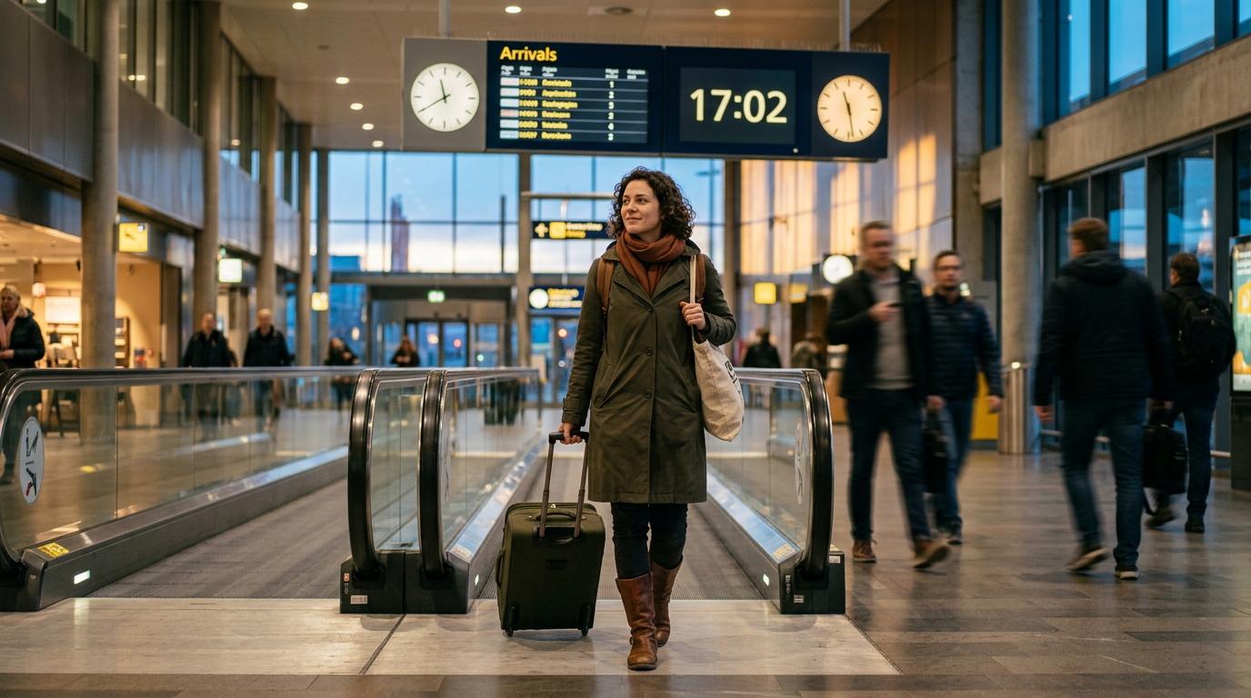 Woman walking through airport arrivals hall pulling a suitcase and carrying a tote bag
