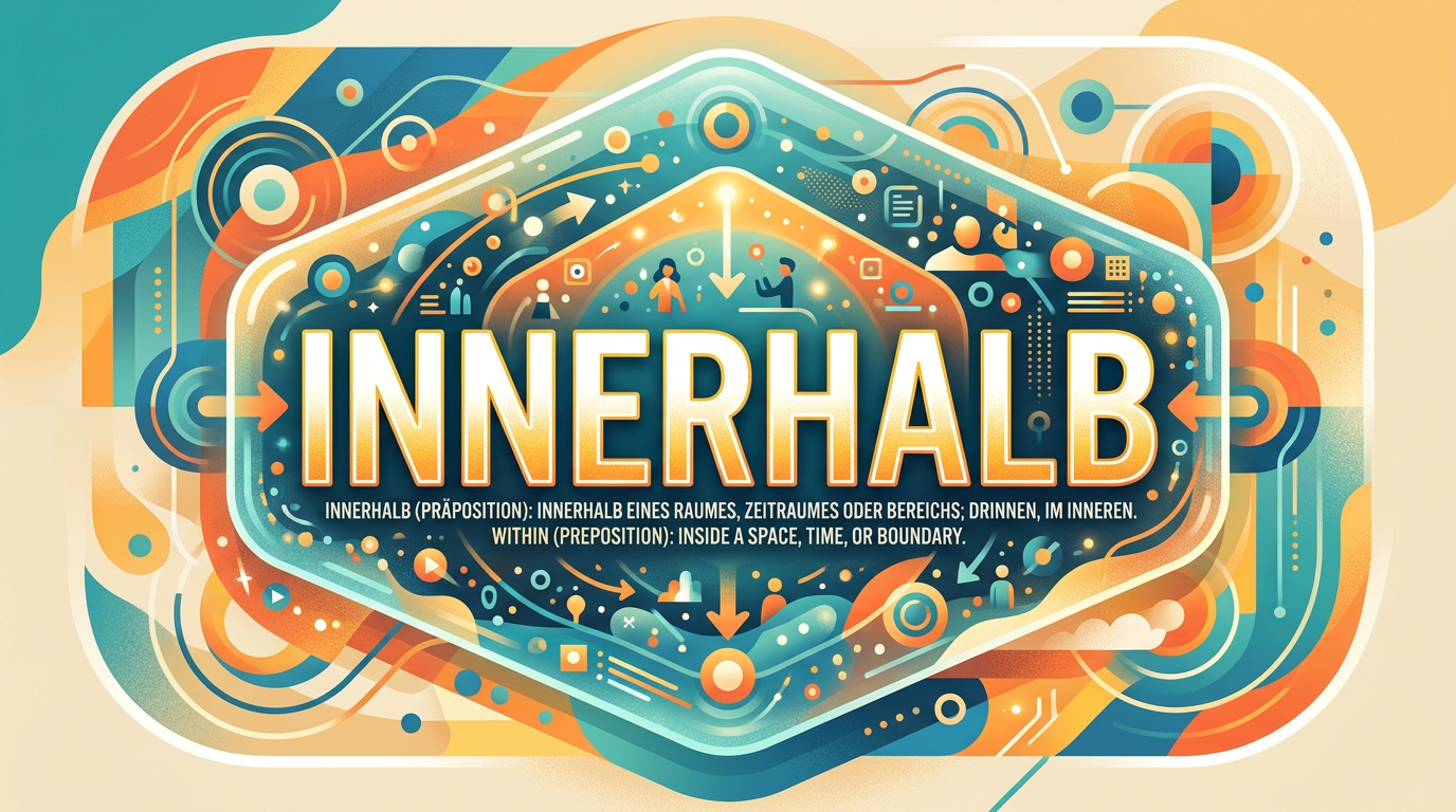 Graphic design featuring the word 'INNERHALB' with arrows and icons representing space and time boundaries