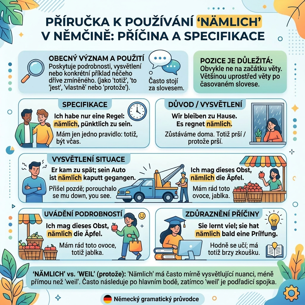 Guide explaining the use of 'nämlich' in German with examples and differences from 'weil'