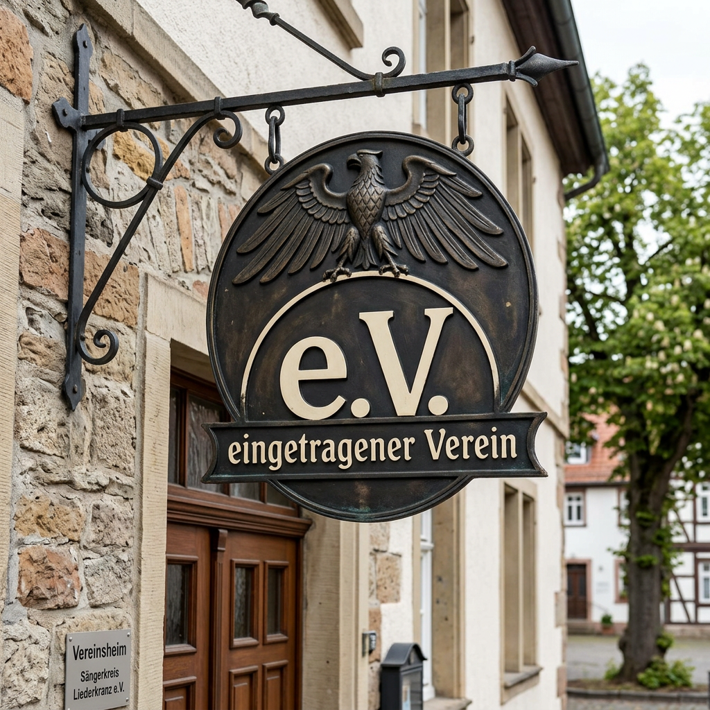 Metal sign with eagle symbol and text 'e.V. eingetragener Verein' on a stone building facade