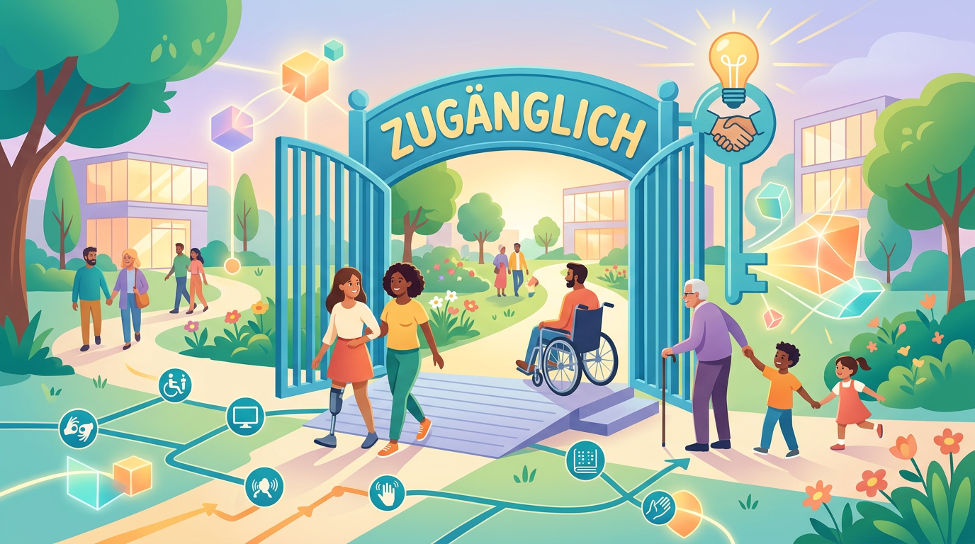 Diverse people including a wheelchair user, a person with a prosthetic leg, an elderly man, and children walking through an accessible park gate