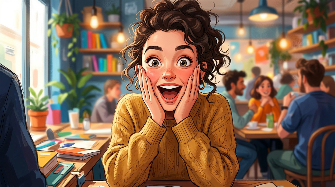 Young woman in yellow sweater with hands on cheeks showing excited expression in a café