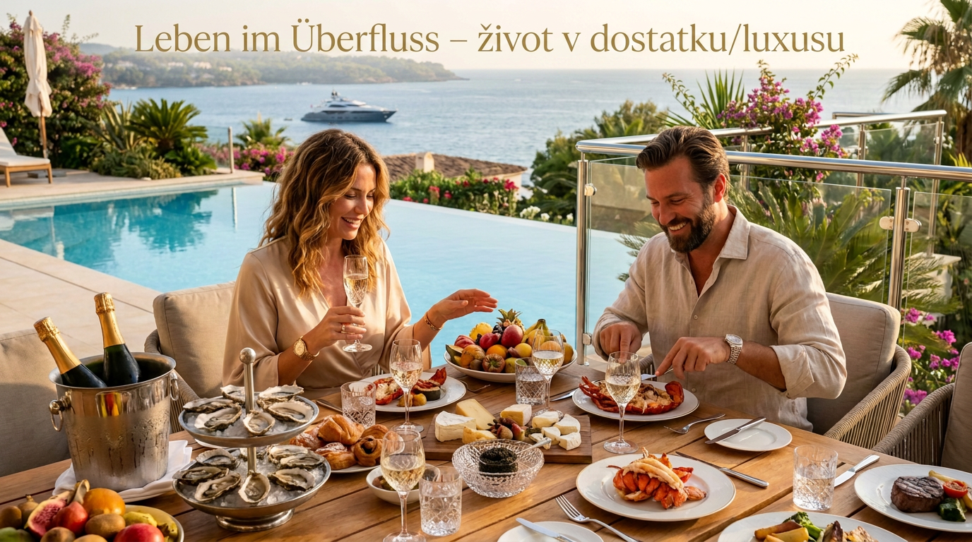 Couple dining outdoors with seafood and wine by pool with ocean view