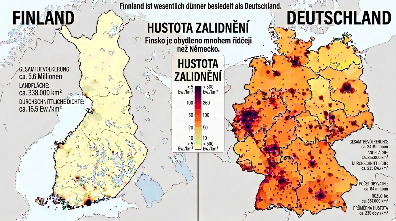 Maps of Finland and Germany with population density shown by color intensity and key cities marked