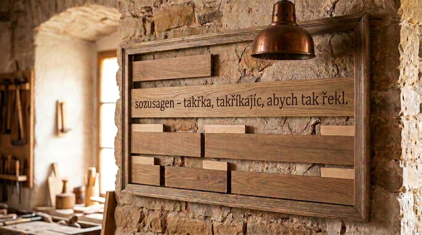 Wooden board with German word 'sozusagen' and Czech phrases with literal English translations