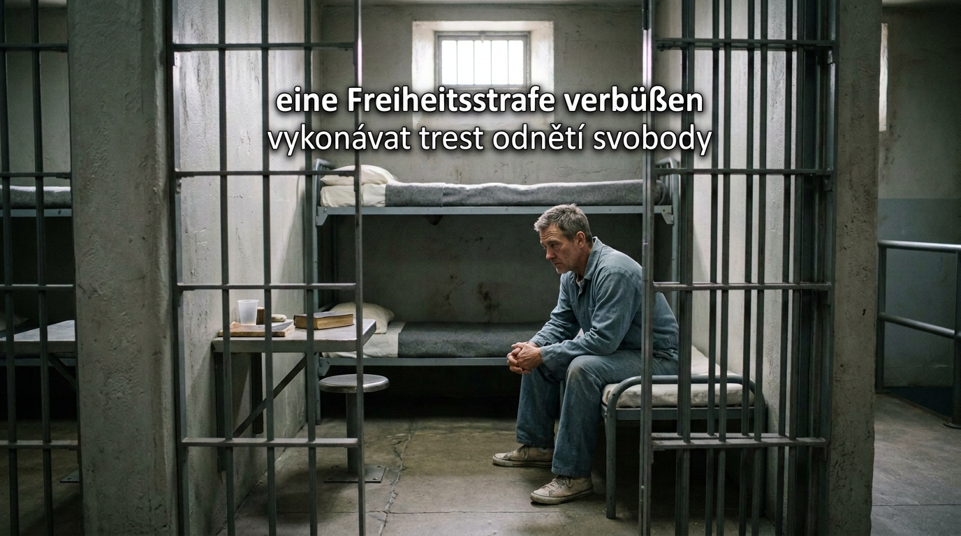 Man sitting on bed in a prison cell with bunk beds and metal bars