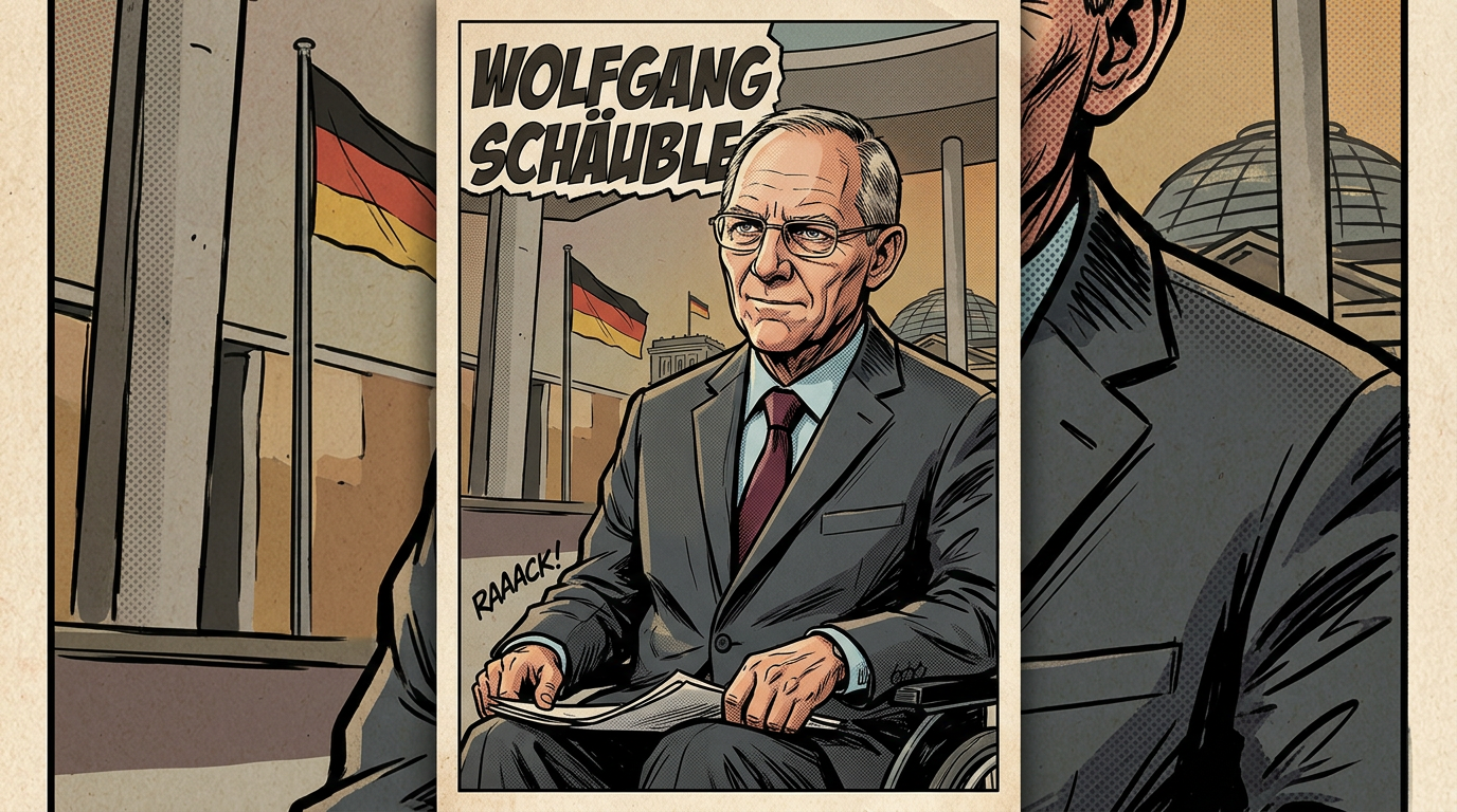 Wolfgang Schäuble sitting in a chair with German flags behind him and his name displayed above.