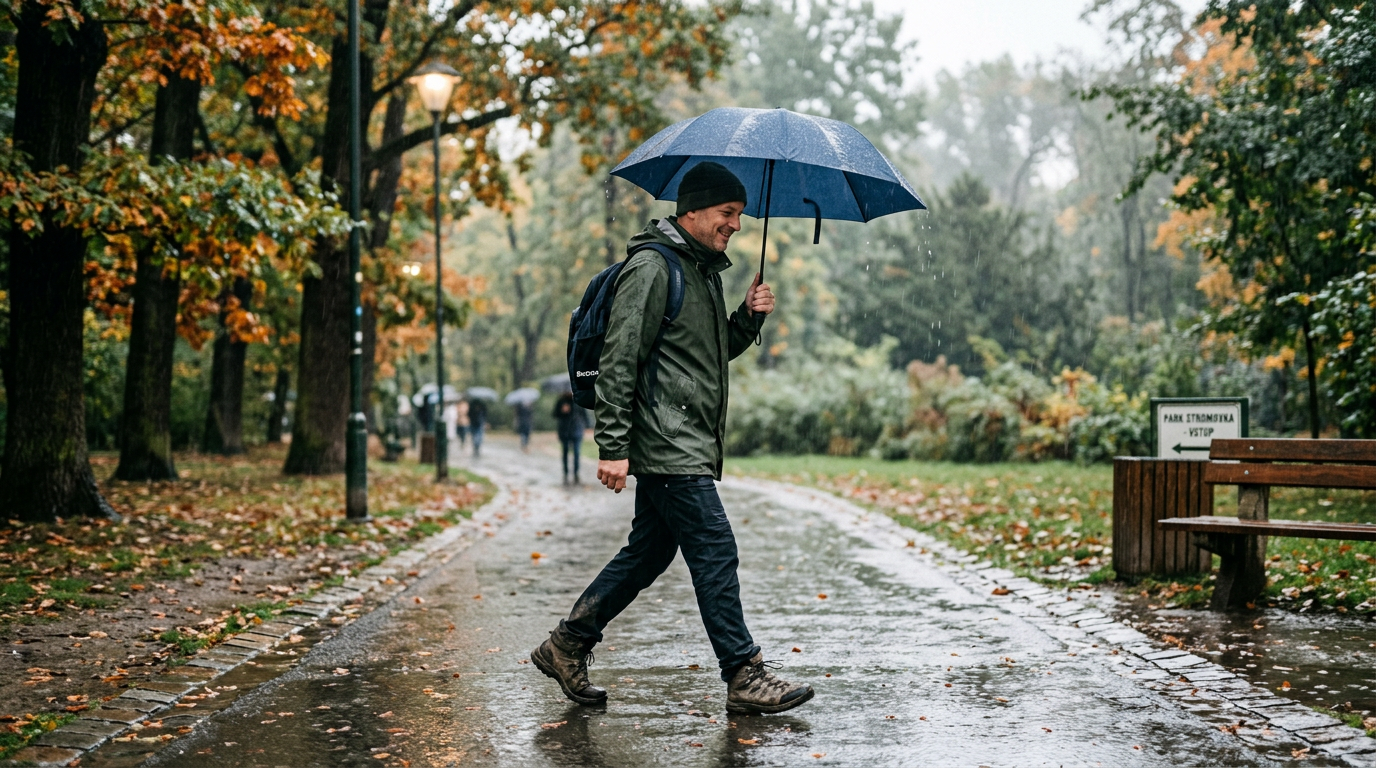 Hiker walking with an umbrella along a rainy autumn park path
