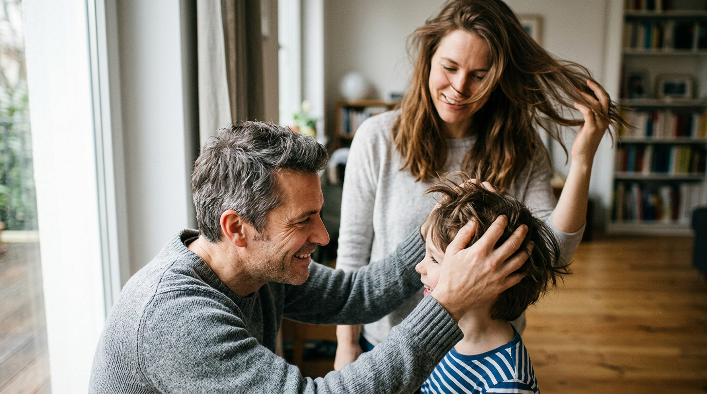 Parents playfully tousling a child's hair in a bright living room