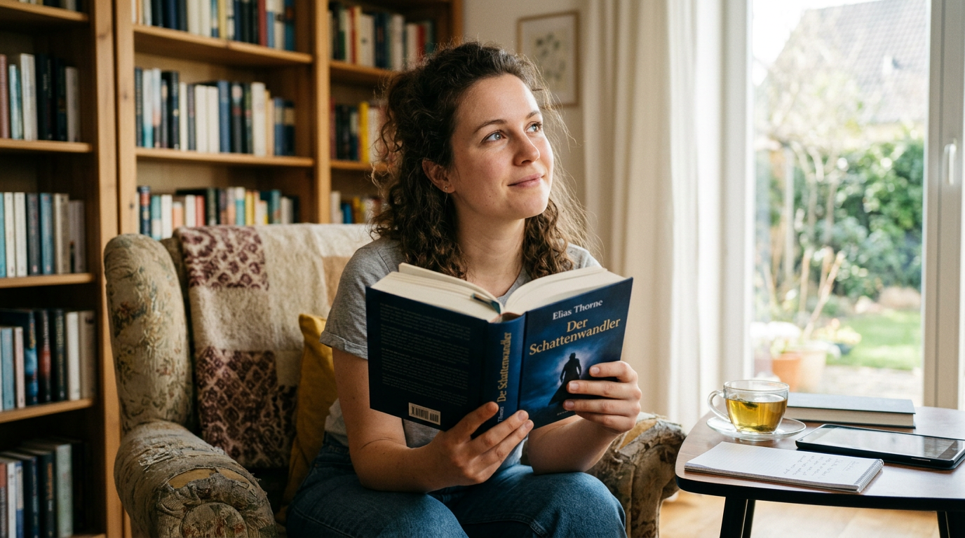 Person reading a book in an armchair beside a sunlit window