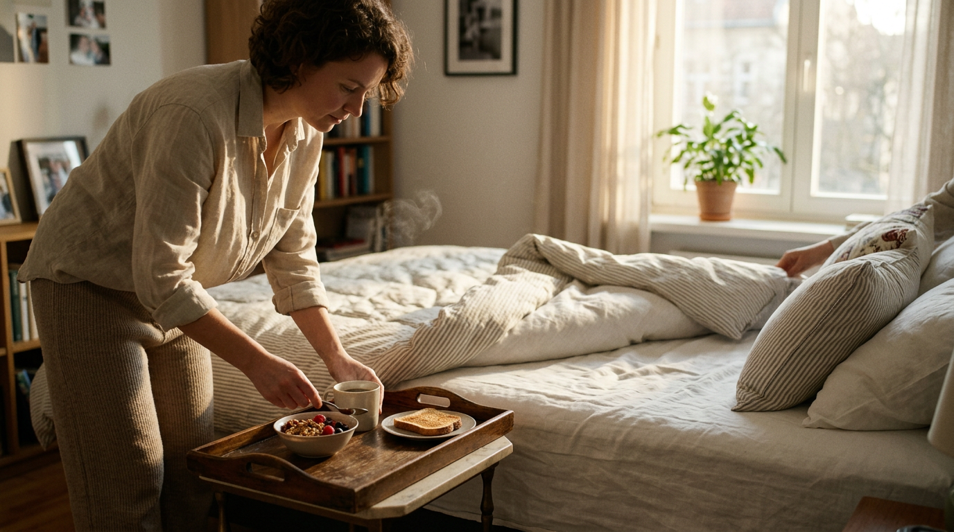 Person arranging breakfast tray beside an unmade bed
