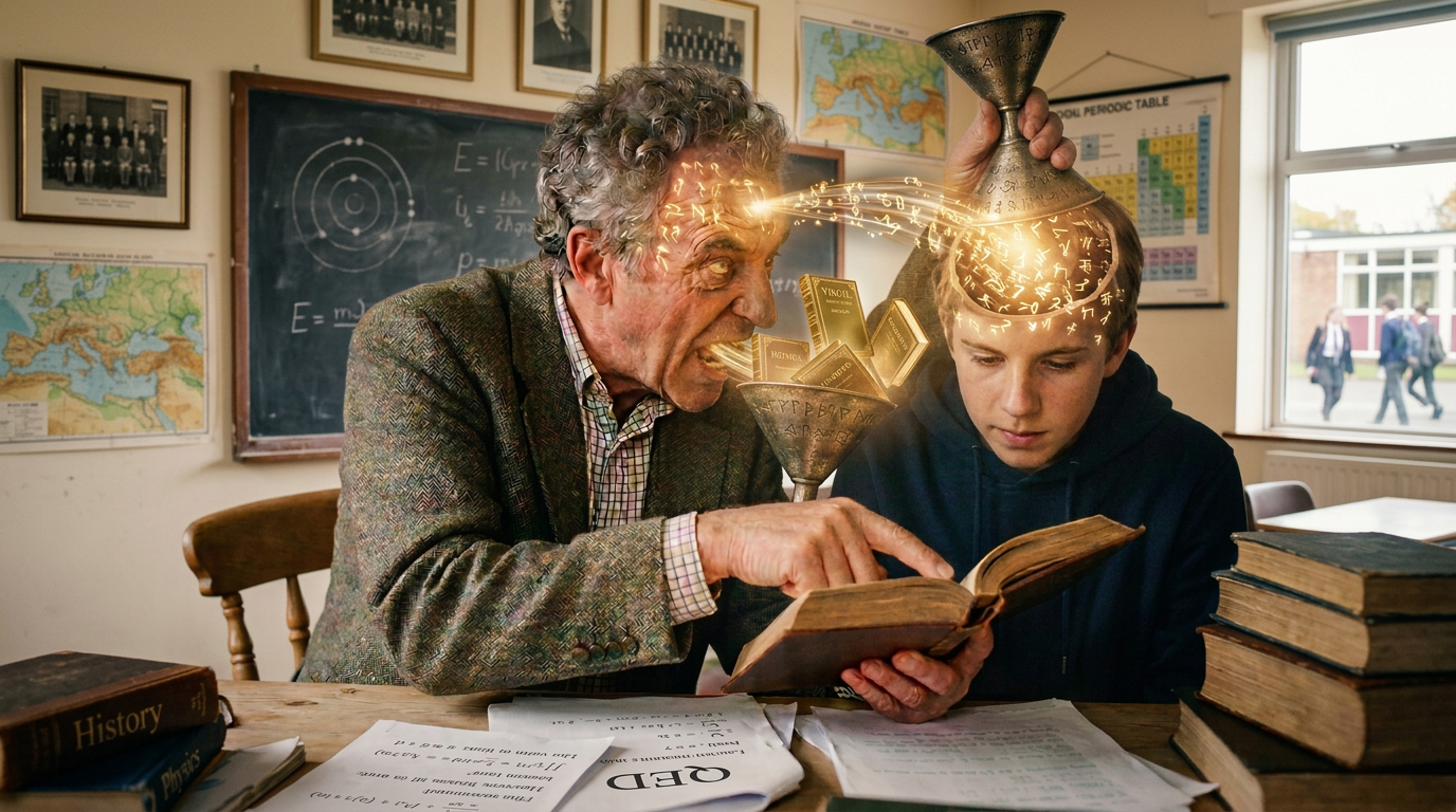 Older man pointing in an open book beside a teenage student