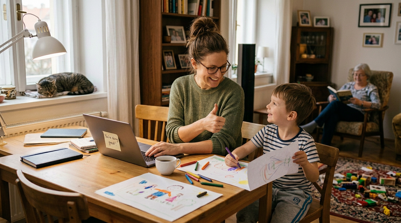 Mother using laptop while son draws at a table, with grandmother reading nearby