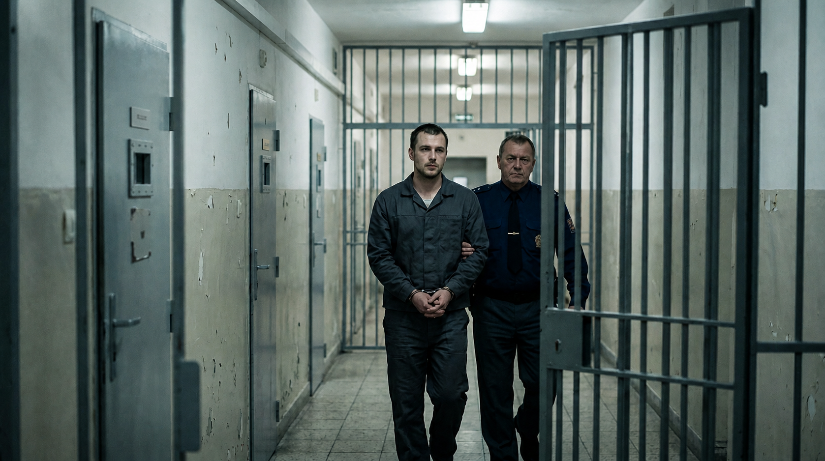 Uniformed officer escorting handcuffed prisoner through a prison corridor