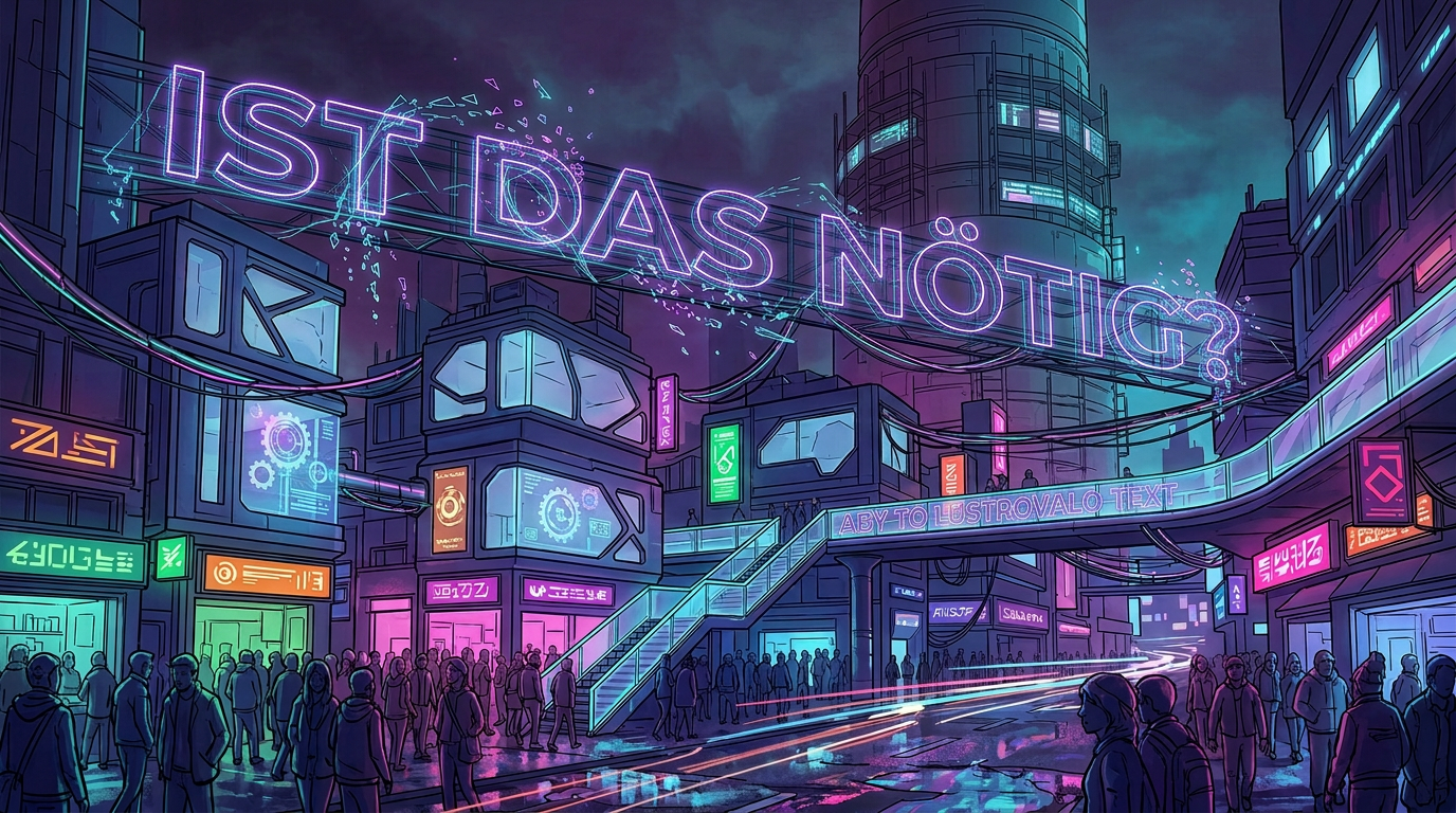 Cyberpunk city street with crowds and large ABYTO LUSTROVALO TEXT sign