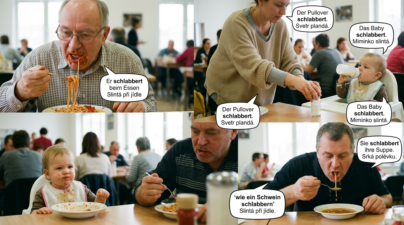 Collage of diners and a baby eating with German-Czech speech bubbles: “Er schlabbert beim Essen. Slintá při jídle.” “Der Pullover schlabbert. Svet[r] plandá.” “Das Baby schlabbert. Miminko slintá.” “Sie schlabbert ihre Suppe. Srká polévku.” and “wie ein Schwein schlabbern. Slintá při jídle.”